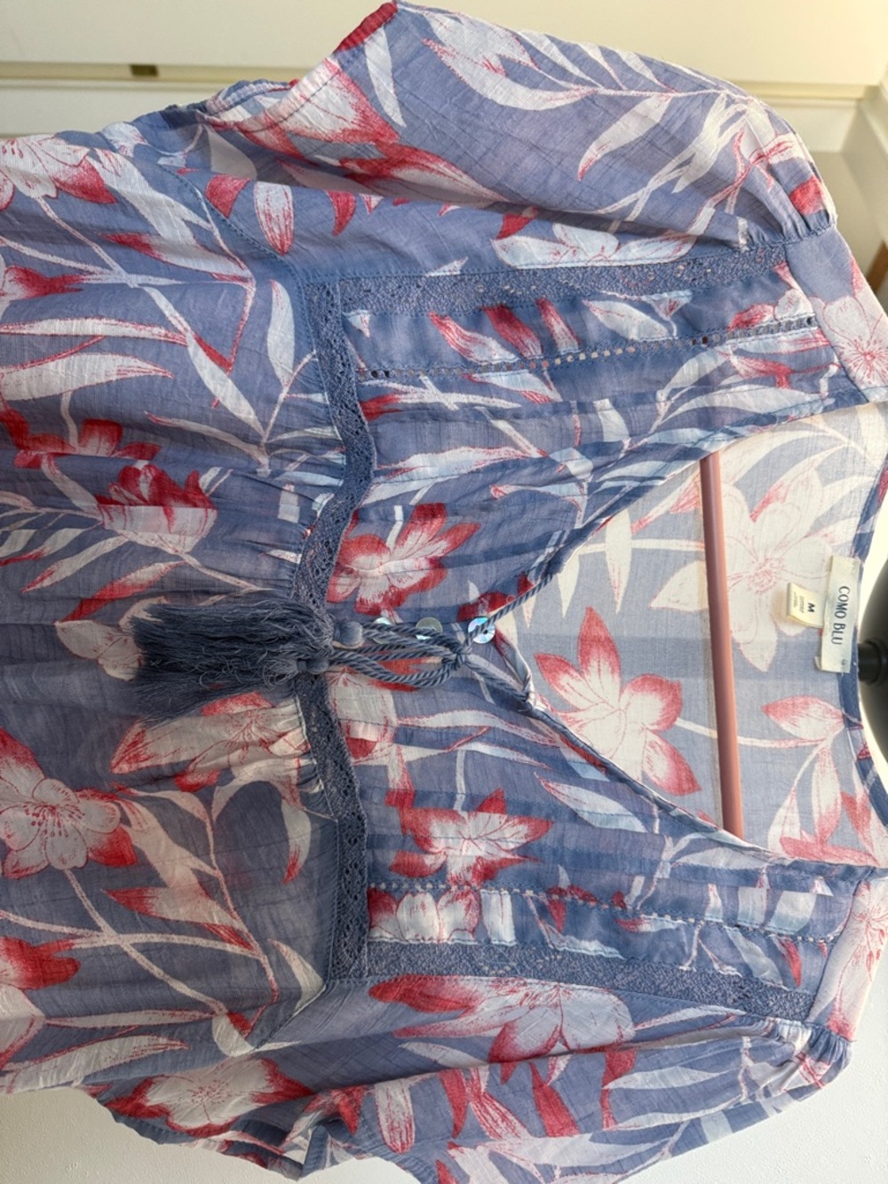 Coco Blu Blue Floral Tassel Peasant Blouse